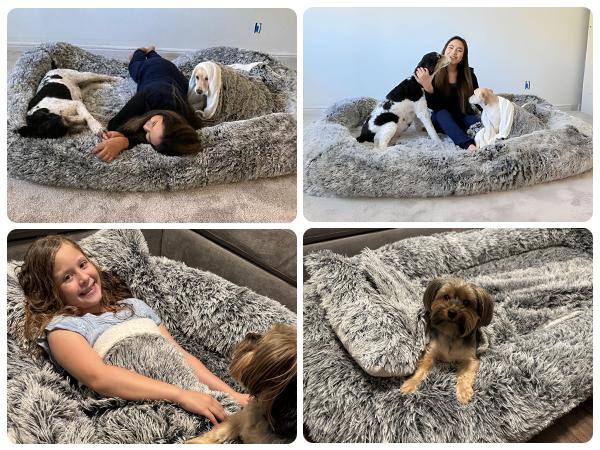 DWVO Human Dog Bed, 79"x43" Extra Large Memory Foam Dog Beds for Adults and Pets with Blanket and Pillow, Washable Fur Cover