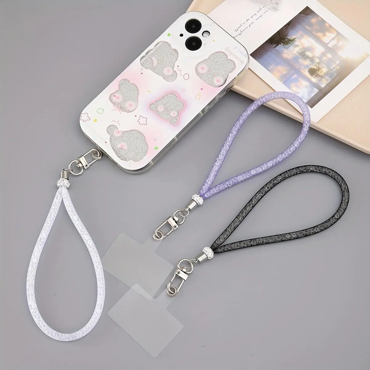 Multicolor Tubular Net Rope Pendant Chain Phone Strap with Transparent Card