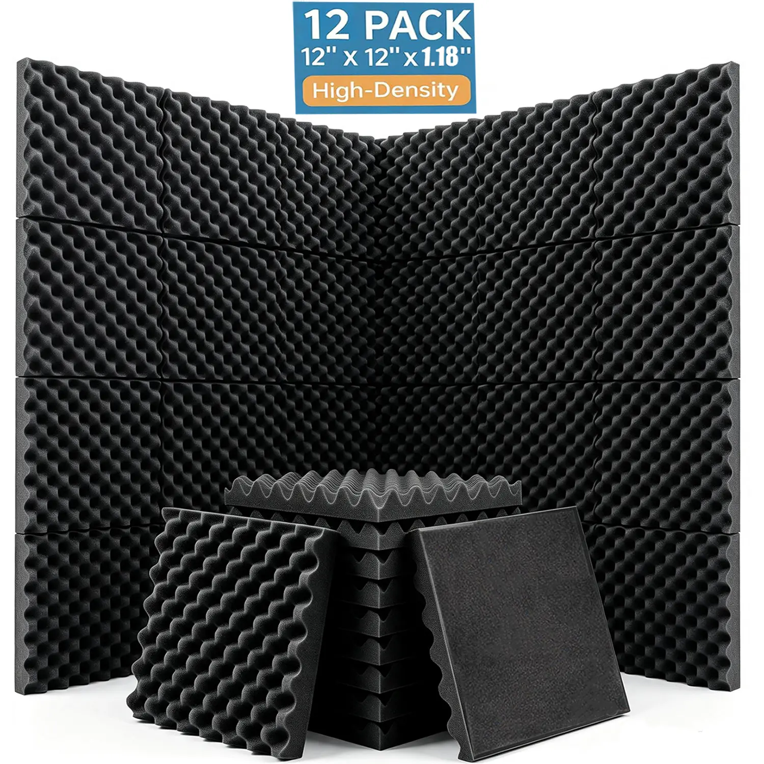12-Pack High-Density Black Acoustic Foam Panels, 12x12x1.18in Egg Crate Soundproofing Pads for Wall, Recording Room Acoustic Treatment Accessories