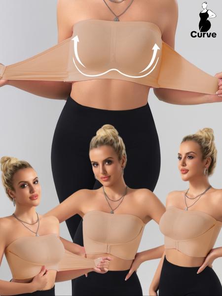 【Plus Size】 Solid Color Push Up Strapless Bra, No Padding,Women's Comfortable Breathable Soft Bra,Front Chest Buckles Design,Women's Lingerie for All Seasons,Ladies Knitted Stretch Underwear For Daily Wear or any Occasion