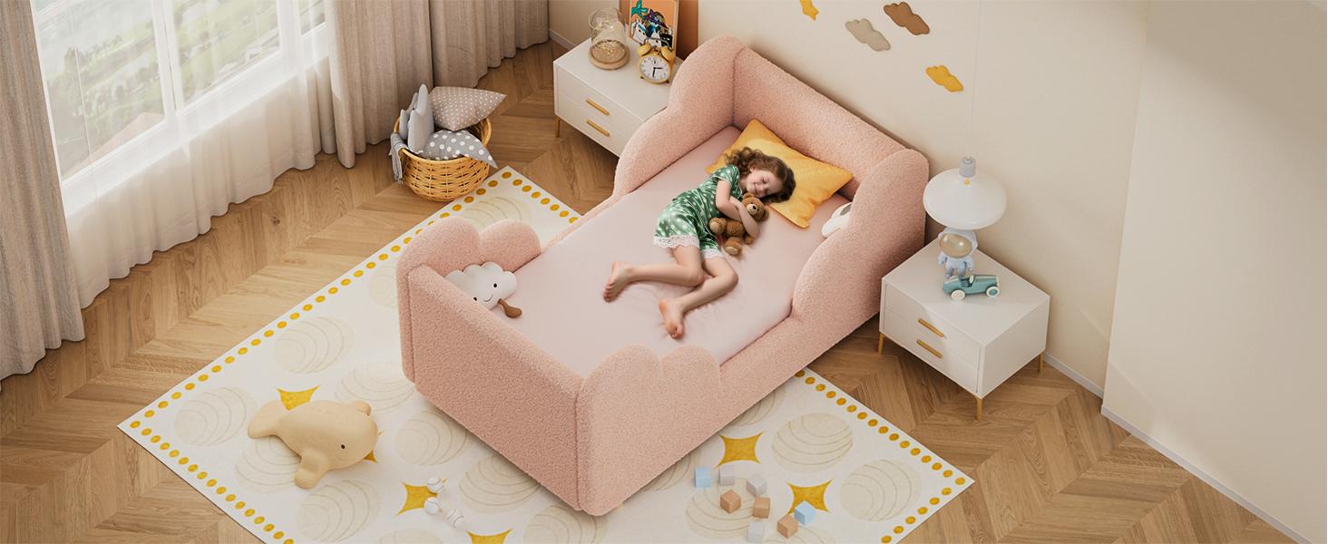 MOPHOTO Toddler Bed Toddler Floor Bed Frame with Rails & Headboard, Standard Crib Size Kids Beds for Ages 3-7 Years Girls and Boys, Montessori Floor Beds(No Mattress)