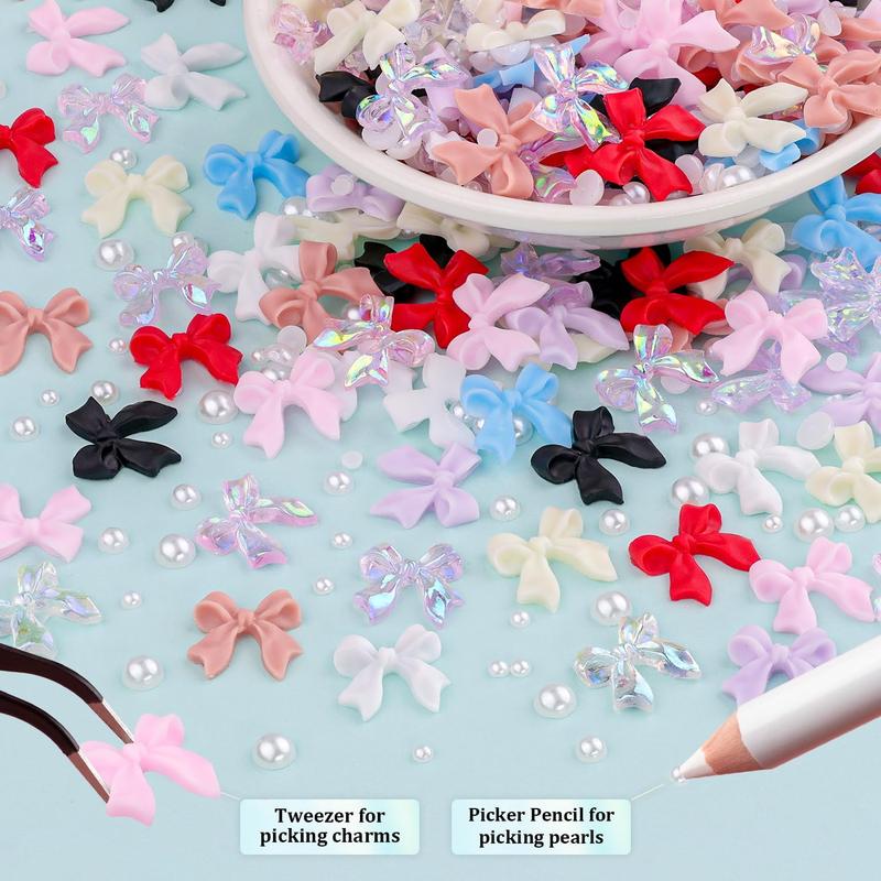1 Box Classic Ribbon Bow Resin Nail Charms 3D Colorful Gradient Bowknots Semi-circular Pearl Decorations DIY Phone Case Hairpin Nails Nail Extension Diy