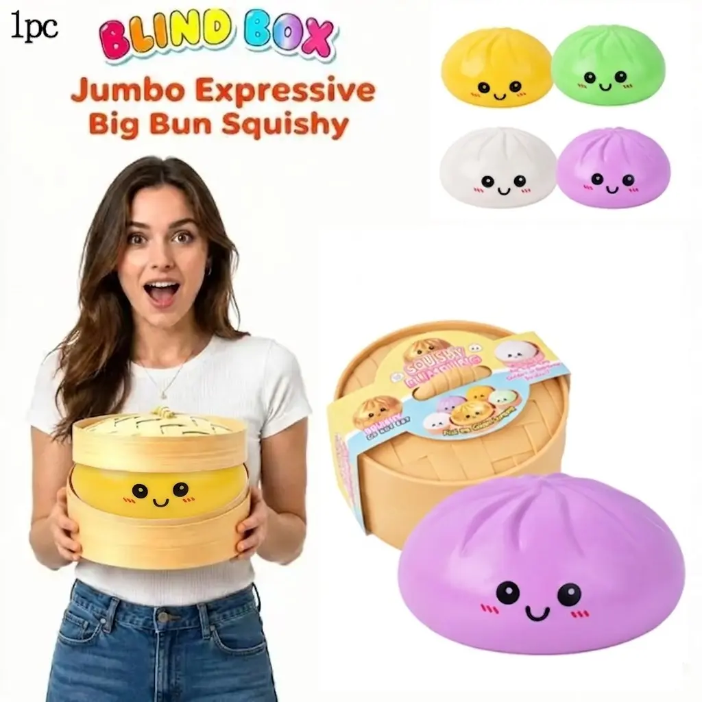 Expressive Dumpling Squishy Blind Box, 10.6-Inch Bao Bun Fidget Toy, Soft TPR Stress Relief Squeeze Toy, Jumbo Collectible Random Surprise Party Favors