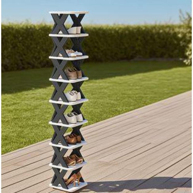 Nine-layer shoe rack. This space-saving vertical shoe rack can hold 9 pairs of shoes. Suitable for wardrobes, corridors, bathrooms, and dormitories. Plastic stackable shoe rack - a multi-functional storage rack for doorways, easy to assemble.