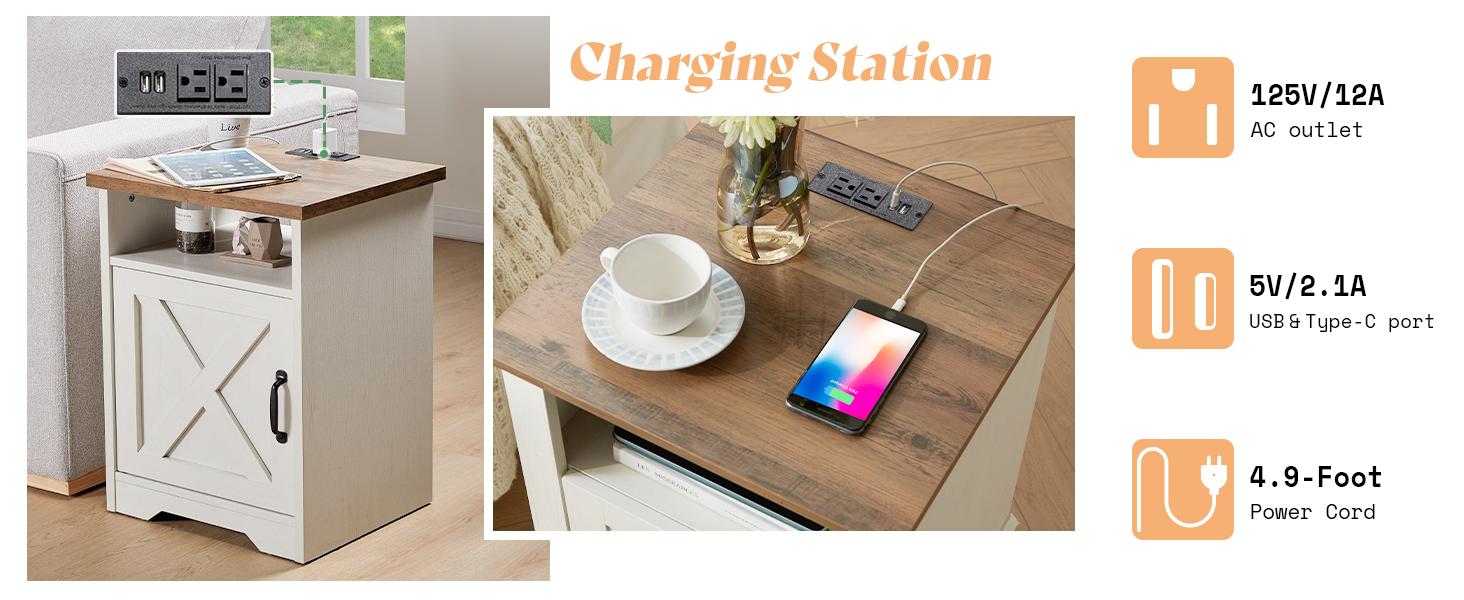 AMERLIFE 5-Piece Farmhouse Table Set Include 63" TV Stand with 26" Fireplace, 40" Coffee Table, 2 End Tables with Charging Station & USB Ports, Living Room Table Sets with Barn Door, Rustic Oak&White