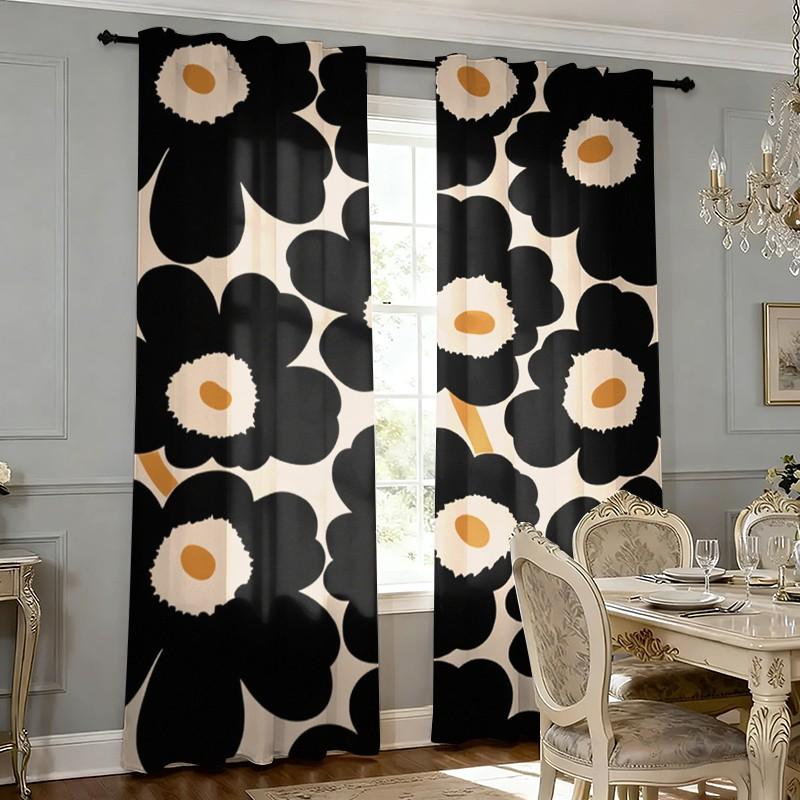 2-piece Spring & Summer Flower Cartoon Print Rod Pocket Curtains, Modern Knit Polyester Curtains, Suitable for Bedroom, Kitchen, Office, Living Room - Machine Washable, Versatile Room Decor, Living Room Curtains