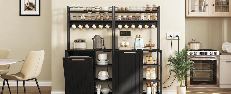 DWVO Bakers Rack with Trash Can Bin Cabinet and Power Outlet, Microwave Stand Cabinet with 6 Hooks, 6-Tiers Farmhouse Kitchen Tall Thickened Coffee Bar Table,Black/White DWVO Bakers Rack with Trash Can Bin Cabinet and Power Outlet, Microwave Stand Cabinet with 6 Hooks, 6-Tiers Farmhouse Kitchen Tall Thickened Coffee Bar Table,Black/White