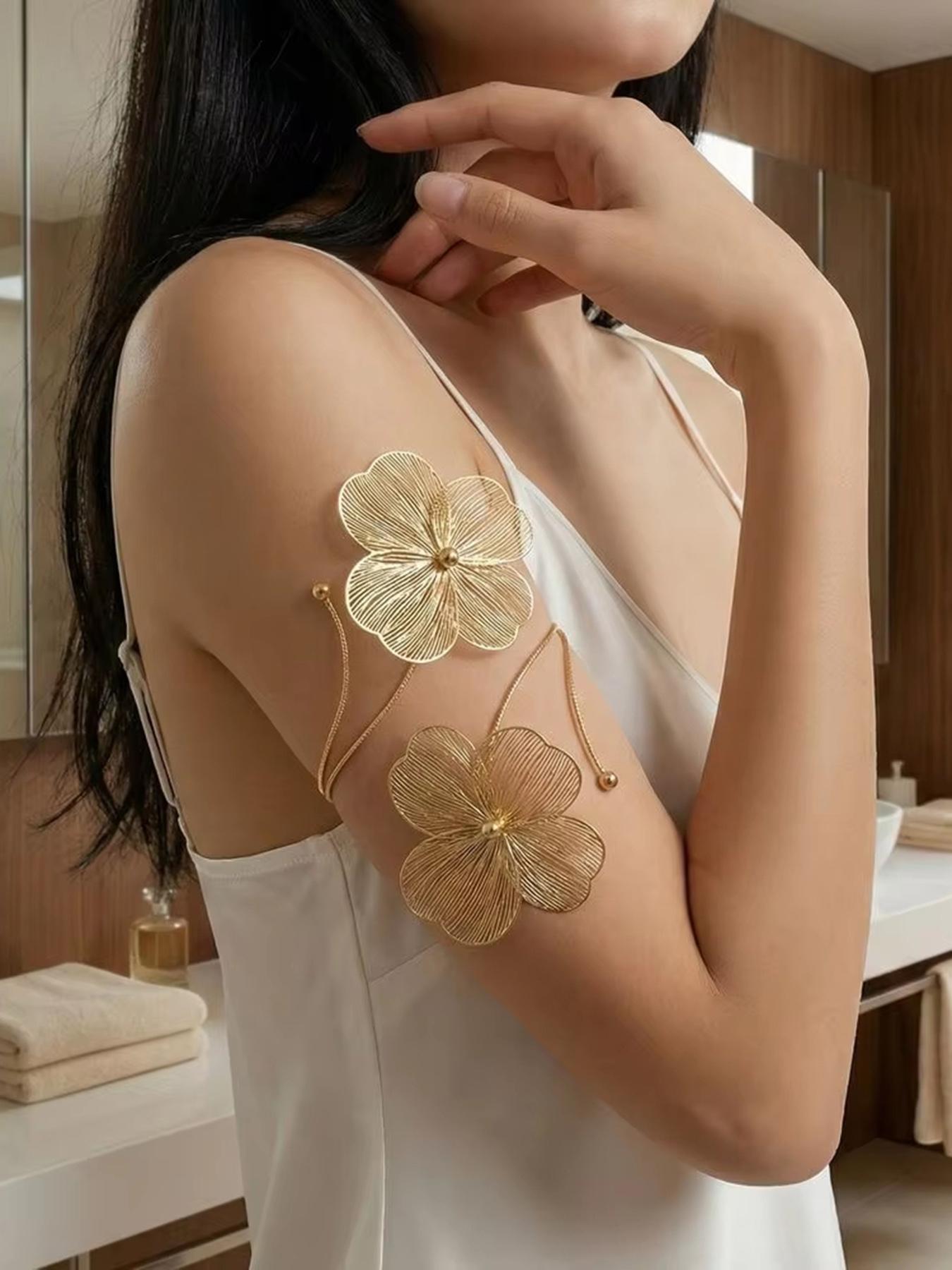 Gold Openwork Floral Bracelet — Women's Upper Arm Cuff | Personalized, Stylish Accessory & Gift for Festivals and Parties | Gold Bohemian-Style Jewelry