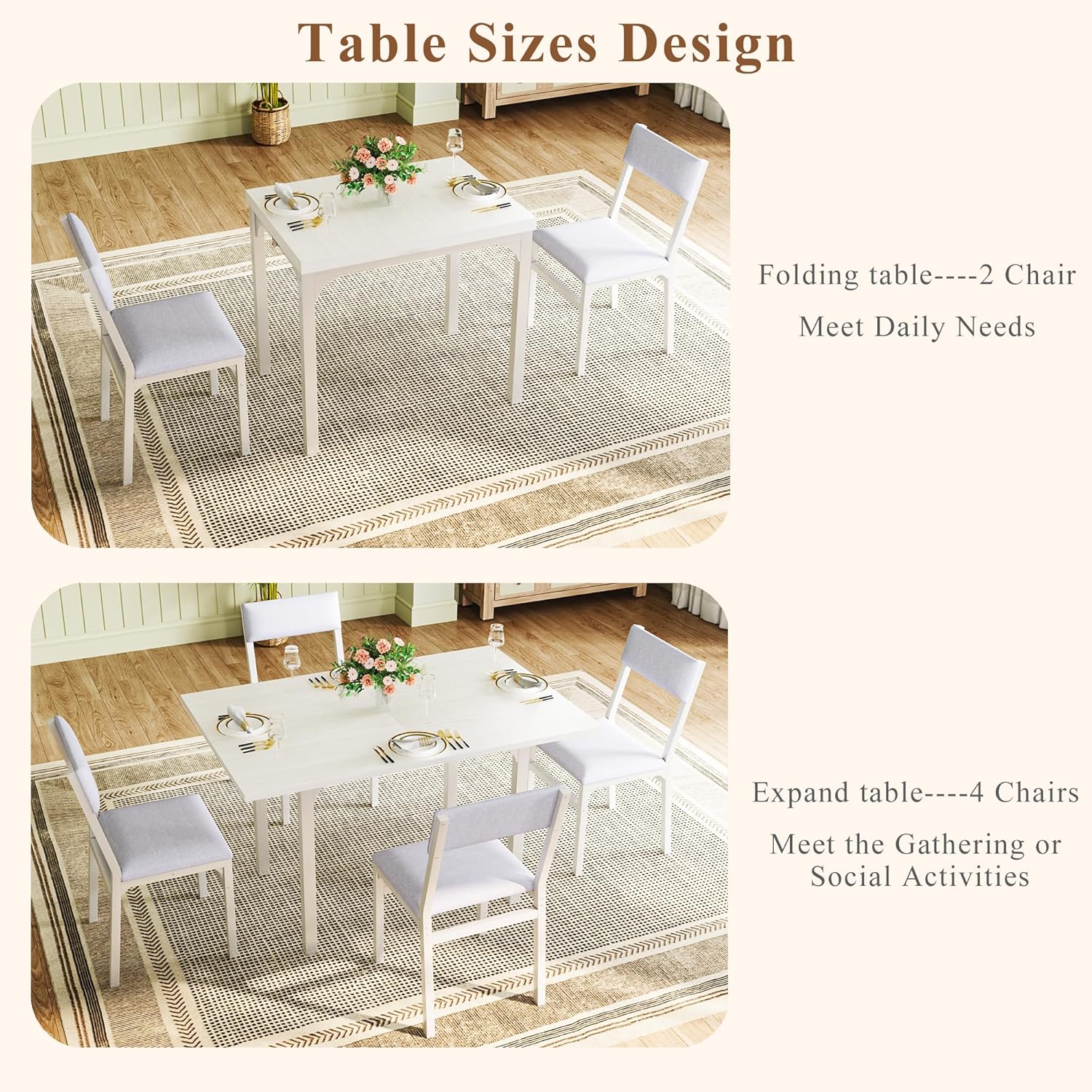 Dining Table Set for 4, Extendable Kitchen Table Cushion Chairs Set of 4, Rectangle Dining Table with Metal Frame & MDF Board, Folding for Small Apartment Saving Space, White Dining Table Set for 4, Extendable Kitchen Table Cushion Chairs Set of 4, Rectangle Dining Table with Metal Frame & MDF Board, Folding for Small Apartment Saving Space, White