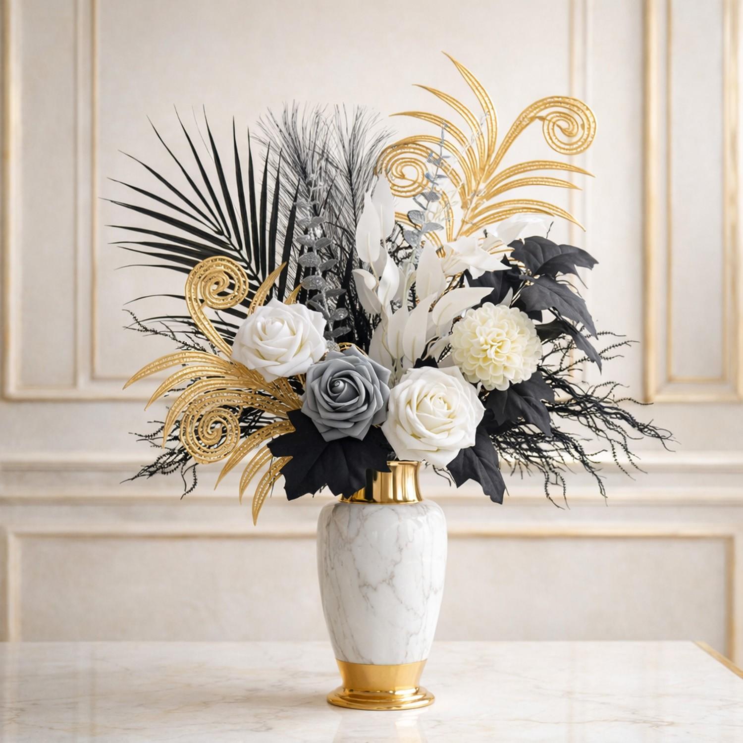 Mixed Floral Arrangement with Roses, Hydrangeas, Willow Leaves, Palm, Eucalyptus, Ideal for Home Decor, Wedding Bouquets, Table Settings