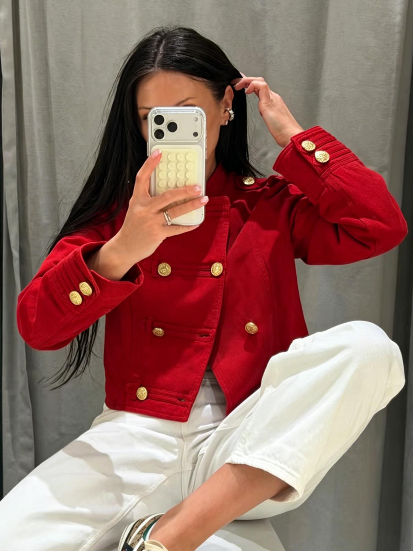 Women's Stylish Jacket Fitted Women's Cropped Slim-Fitting Red Jacket Casual Double Breasted Button Long Sleeve Tops Female Fashion Coat Streetwear Women's Demi-Season Jacket Outerwear
