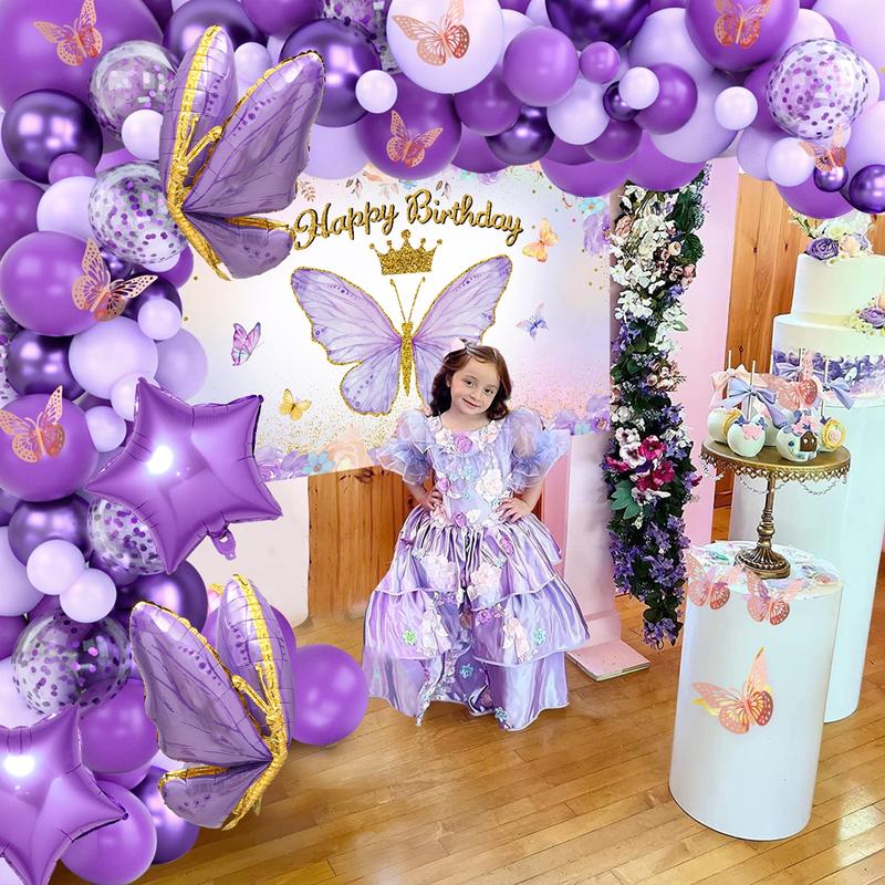 Butterfly Birthday Balloon Arch Kit, 95pcs Purple Pink Butterfly Birthday Party Decoration DIY Set, Lavender Balloons Foil Balloons, Happy Birthday Backdrop Tablecloth, Girl's Birthday Party Balloon Garland, Party Supplies, Father's Day Gift
