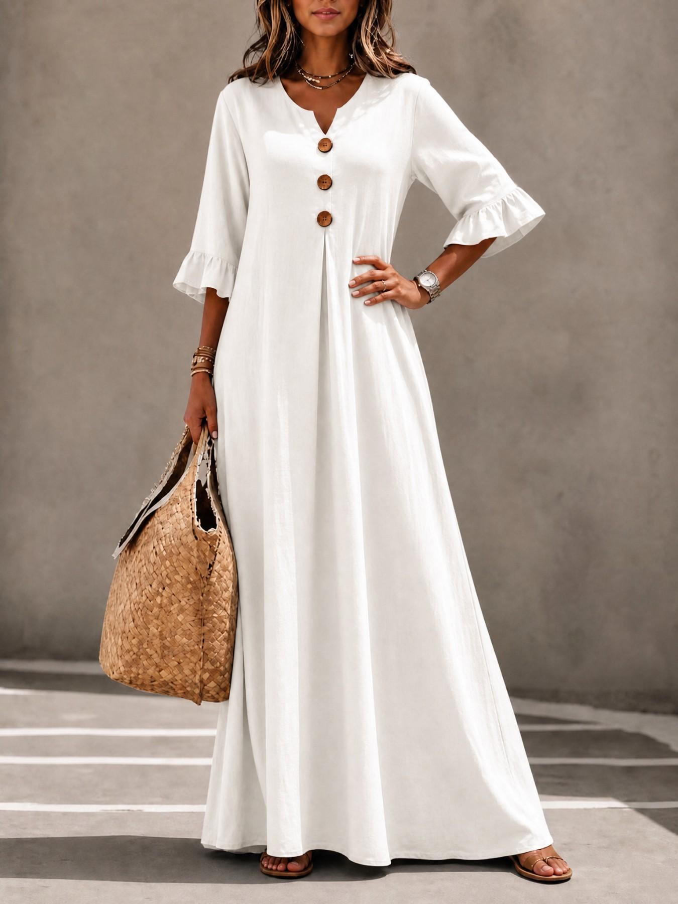Women's Boho Style Loose-Fitting Wooden Texture V-Neck Dress, Leaf Sleeve Round Button A-Line Long Dress, All Seasons Fashion