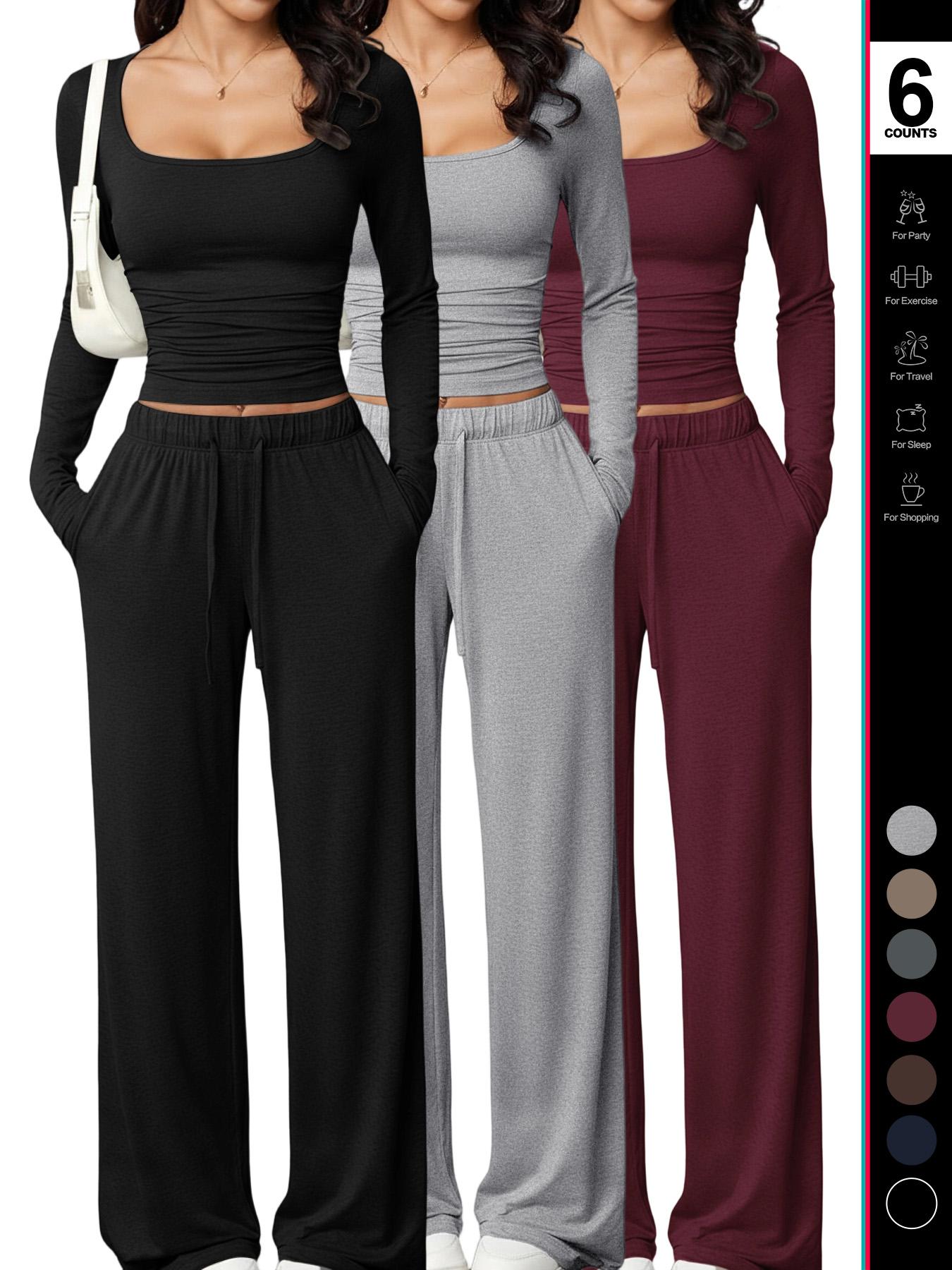 Women's 2 Piece Matching Lounge Set, Square Neck Long Sleeve Crop Top, High Waisted Wide Leg Drawstring Pants with Pockets, Casual Sweatsuit