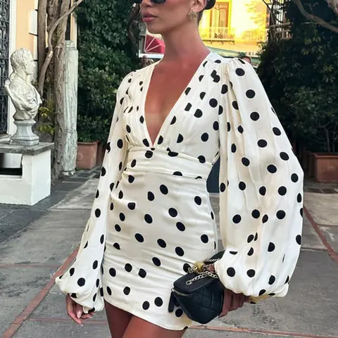 Women's Spring & Autumn Long Sleeve V-Neck Polka Dot Mini Fashion Dress, Casual Party Club Beach Vacation Wear, Womenswear, Evening Party Dresses