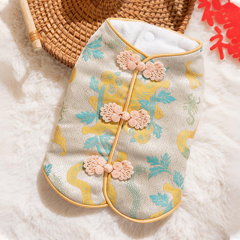 Fish Leaping Dragon Gate Tang Style Vest Cotton Coat Autumn Winter Fleece Lined for Small Medium Dogs