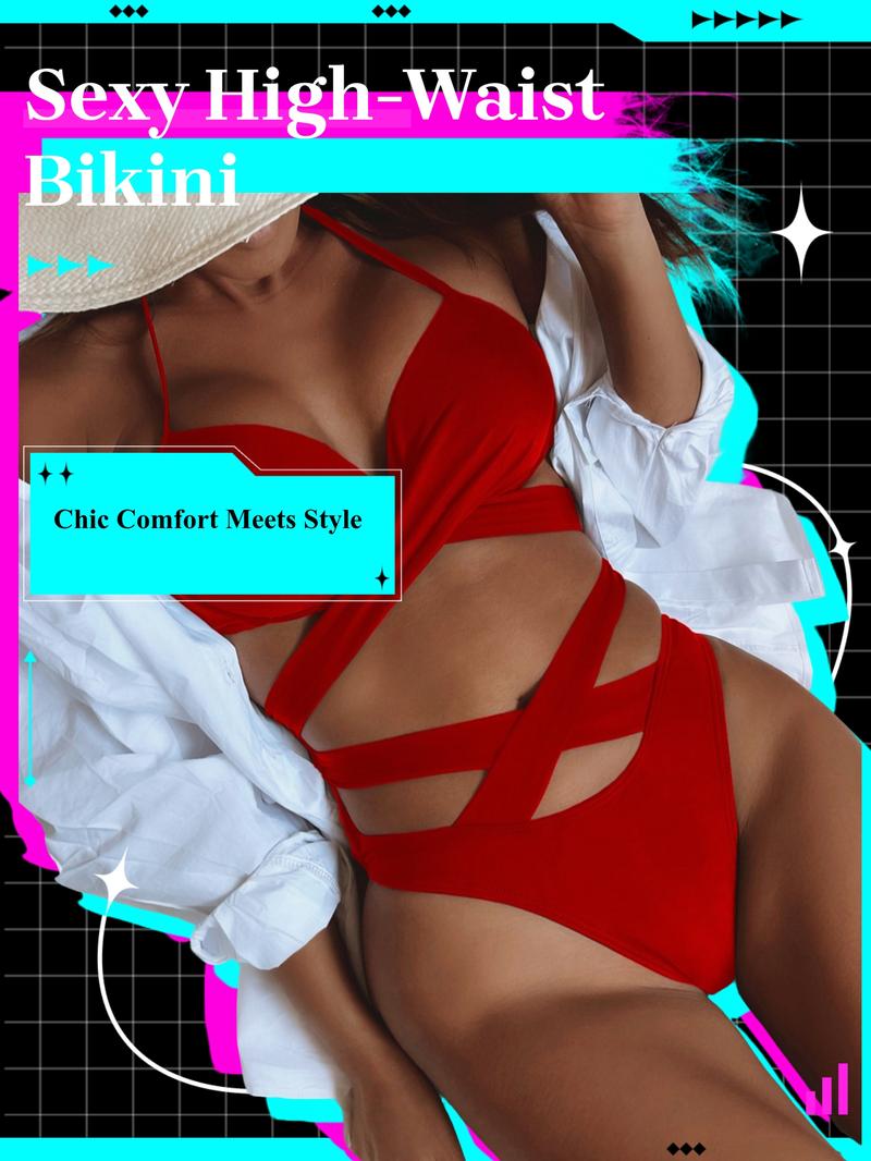 Women's Solid Sexy Criss Cross Bikini Set, Casual Halter Tie Back Swim Bra & High Waist Swim Panty, Push Up Swimsuit for Women, Summer Lace-Up Swimsuit For All Season, Two Piece Bandage Bathing Suits 2026,Fitted Cut-Out Beachsuit, Criss Cross Swimsuits .