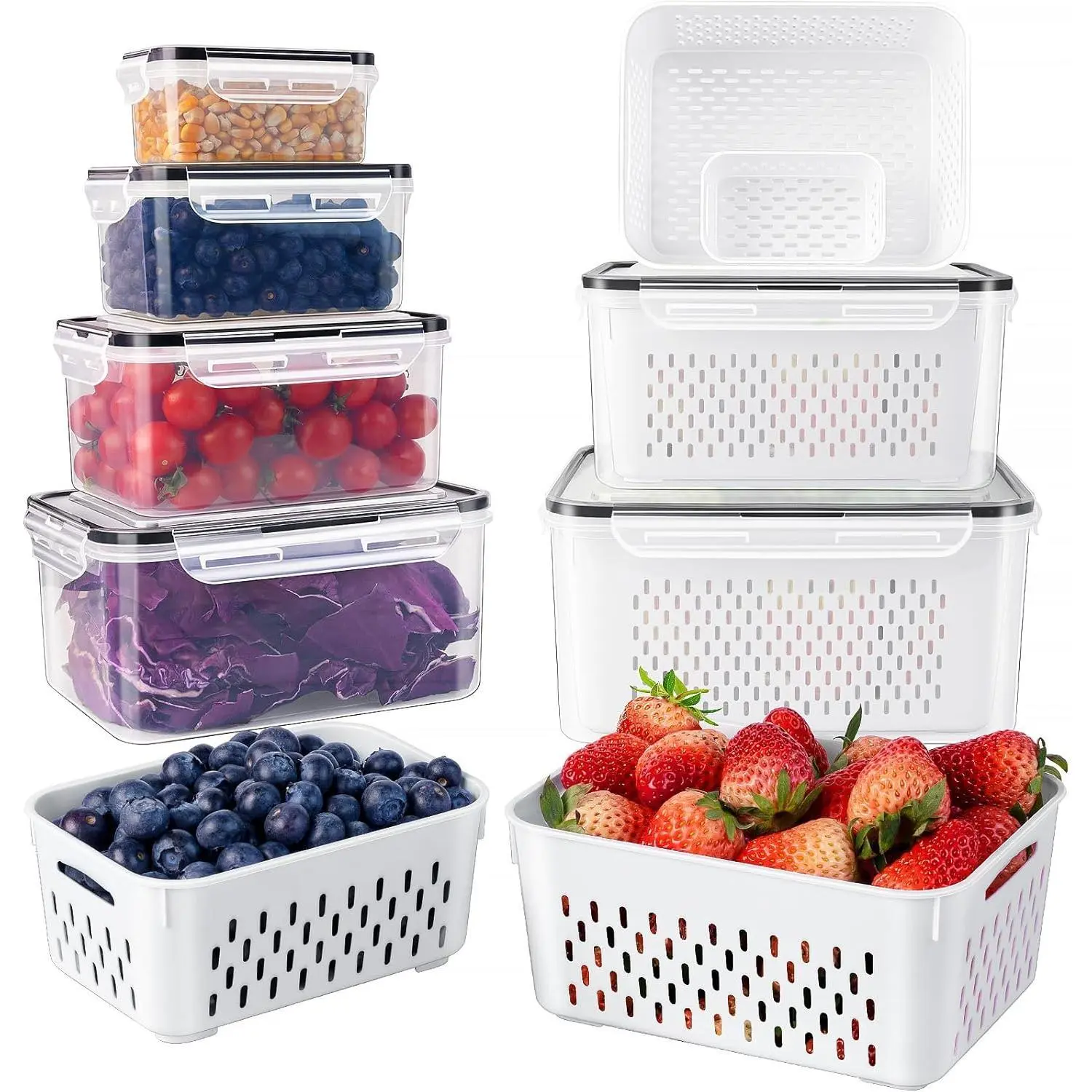 6pcs BPA-Free Double-Layered Stackable Kitchen Plastic Food Storage Containers with Removable Colanders, 4 in 1 Airtight Seal Silicone-Sealed Leakproof Lidded Fridge Organizer Bins for Fruits, Salads