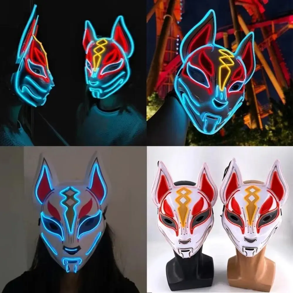 High Quality PVC Japanese Fox Mask Full Face Durable Halloween Costume Mask Reusable LED Neon Light Mask