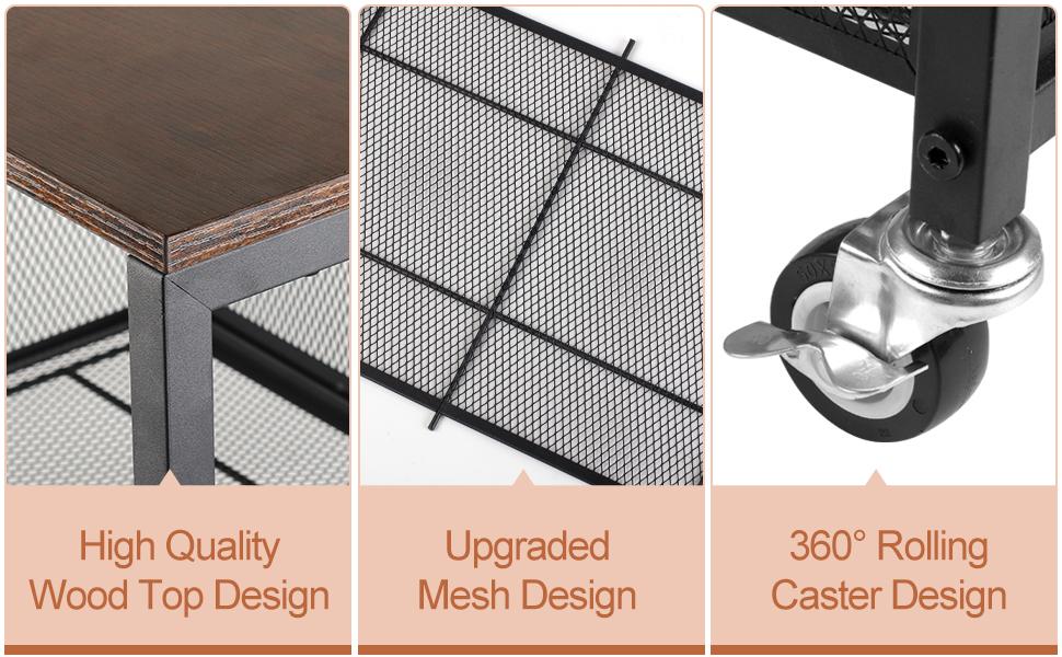 3-Tier Rolling Kitchen Utility Cart with Wood Top & Mesh Baskets - Mobile Storage for Fruits, Vegetables, Pantry, Laundry & More