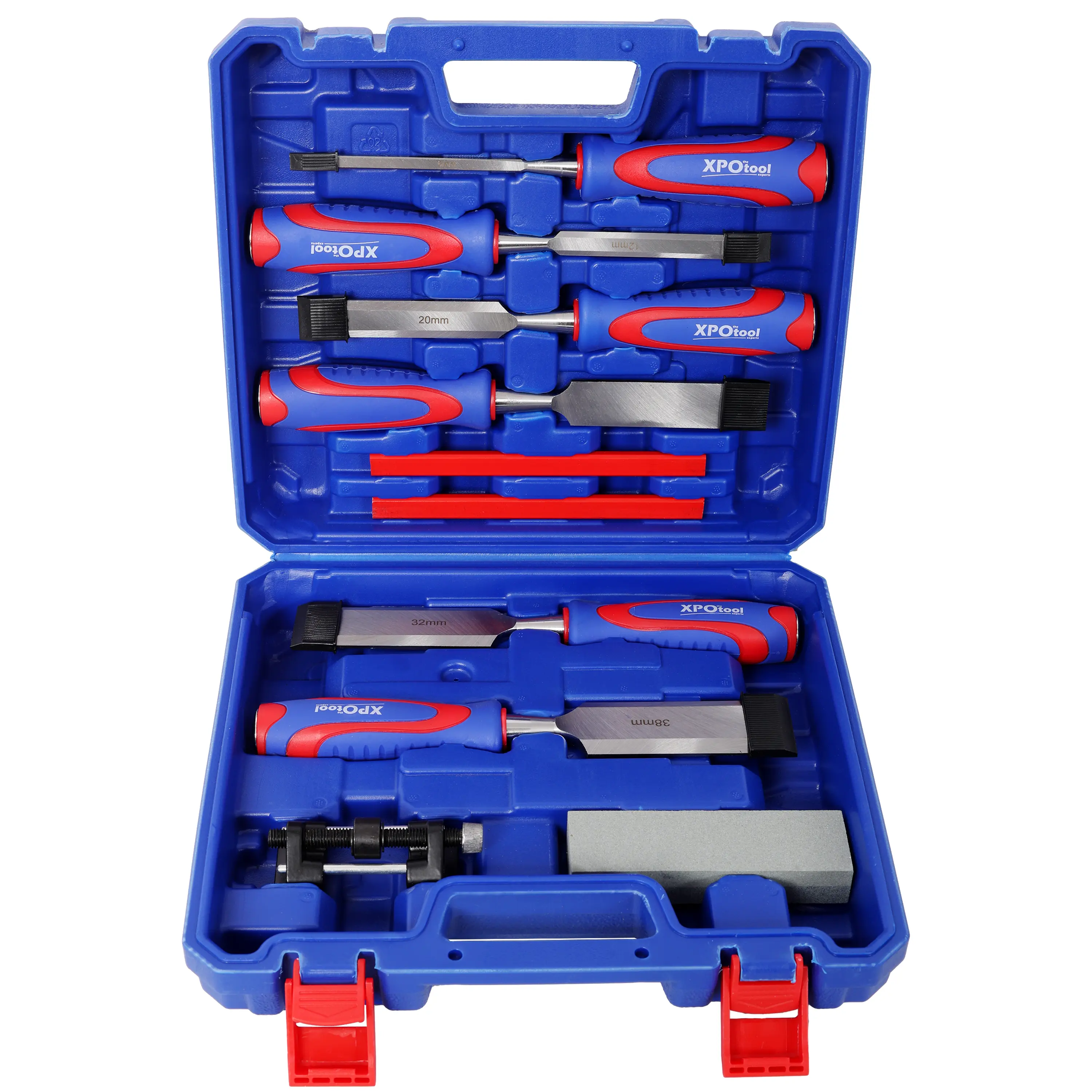 Nokaa 10-Piece Wood Chisel Set – 6 CR-V Steel Chisels (1/4 to 1-1/2 Inch), Honing Guide, Sharpening Stone, 2 Pencils, Non-Slip Handles, Blow-Molded Case, Blue, Plastic/Steel