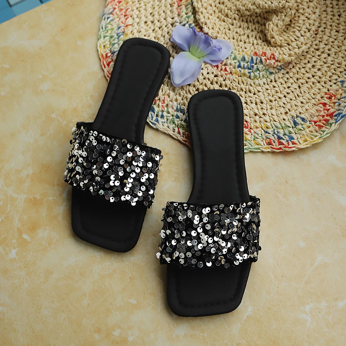 Colorful Sequin Square Toe Slide Sandals for Women