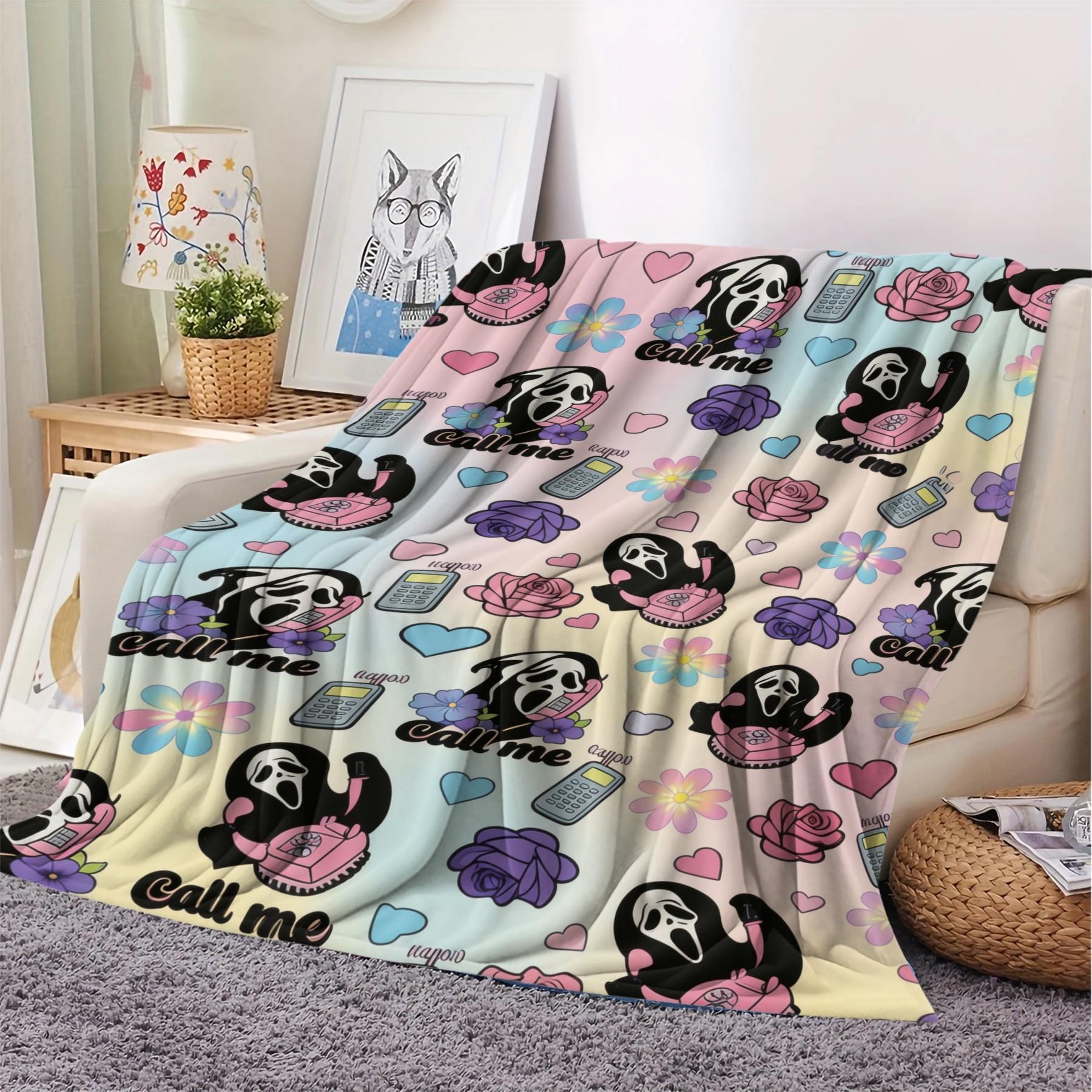 Scream Ghostface Call Me Flannel Throw Blanket, Y2k Millennial Style Throw Blanket, Student Dormitory Nap Blanket, All Season Travel Car Blanket, Children'S Room, Dormitory, Sofa, Office Nap Blanket