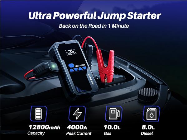 AUTOONE 12800mAh Jump Starter with Air Compressor (10L Gas/8.0L Diesel), 150PSI Car Battery Jumper Starter Portable, 4000A Jump Box Tire Inflator with LED Flashlight, LCD Display, Storage Case