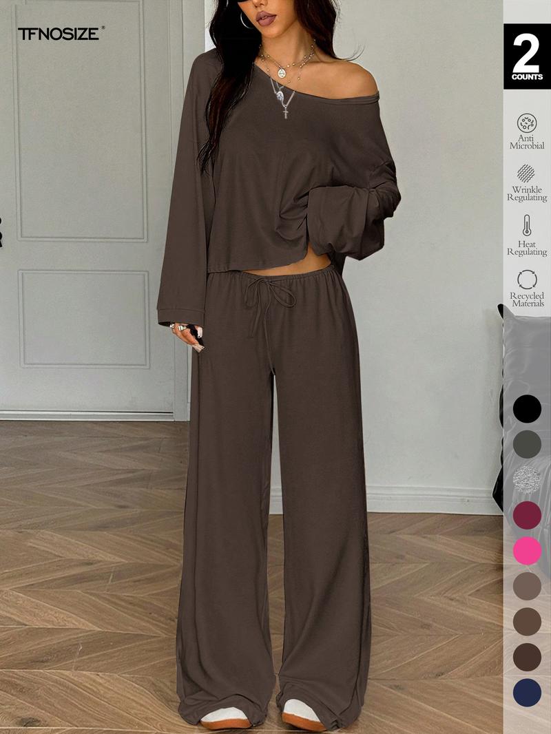 2 Piece Set Women Sleepwear Loungewear, Elegant Simple Solid Color Loose Long Sleeve Thermal Top And Pants pajamas Set, Pjs For Autumn/Winter，All Season Fashion