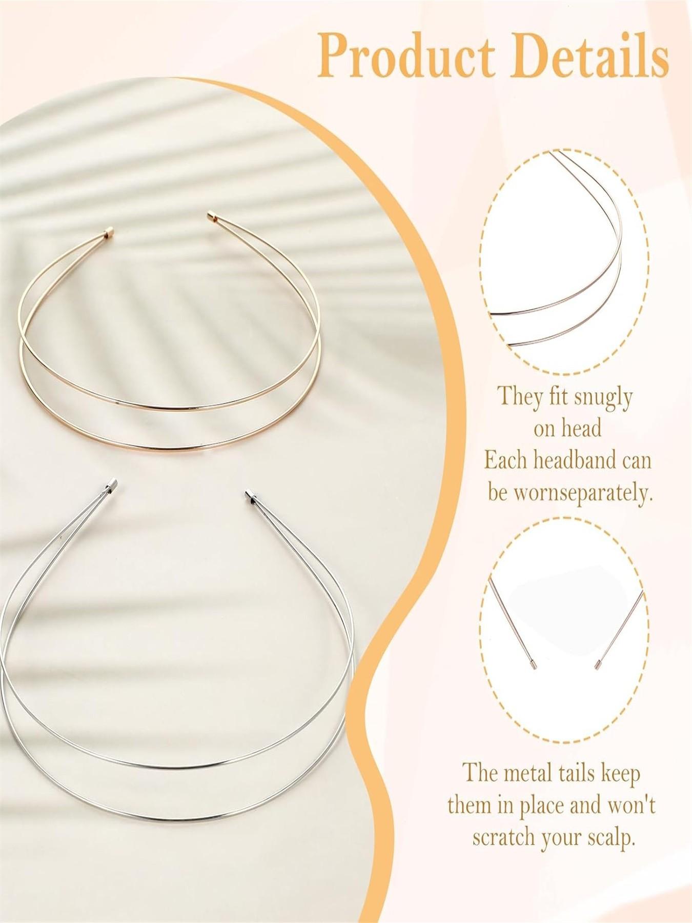 3 Pcs Thin Metal Headbands, Double-Layer Hairbands, Elegant Headband for Women, Bridal Wedding Party Accessories, Silver Color, Rose