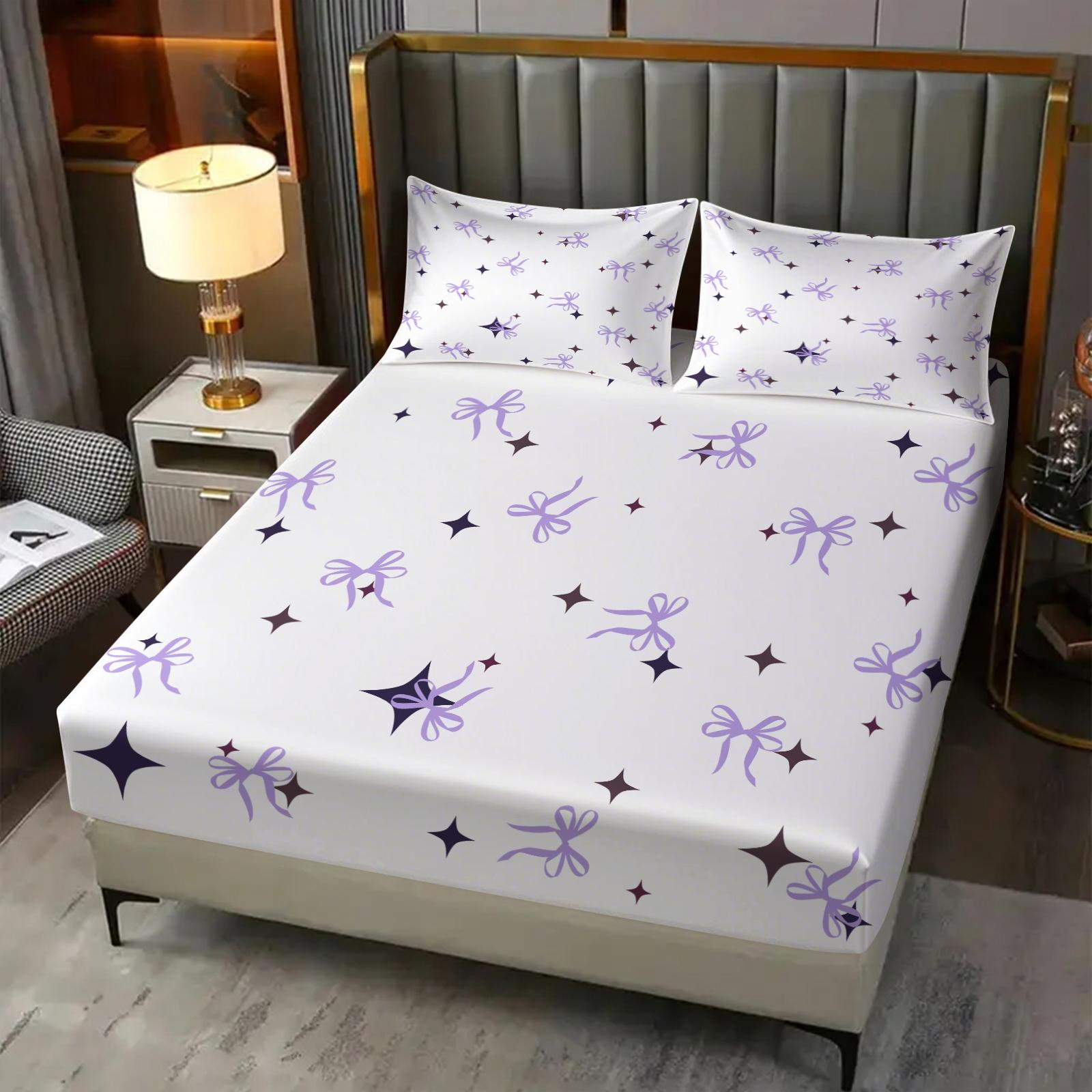 Purple bow and star pattern printed fitted sheet and pillowcase set, Bedsheet Sets, dreamy starry sky bedroom bedding, a great gift.
