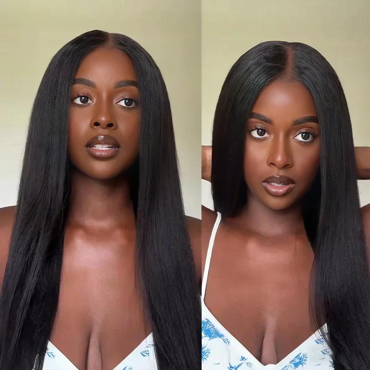 Recool Hair Yaki Loose Body Burmese Curly Yaki Straight V Part Wig Invisible Drawstring Human Hair Wig 180% 250% Density Real Scalp No Leave Out Glueless Wig High-Quality 100% Human Hair Beginner Friendly