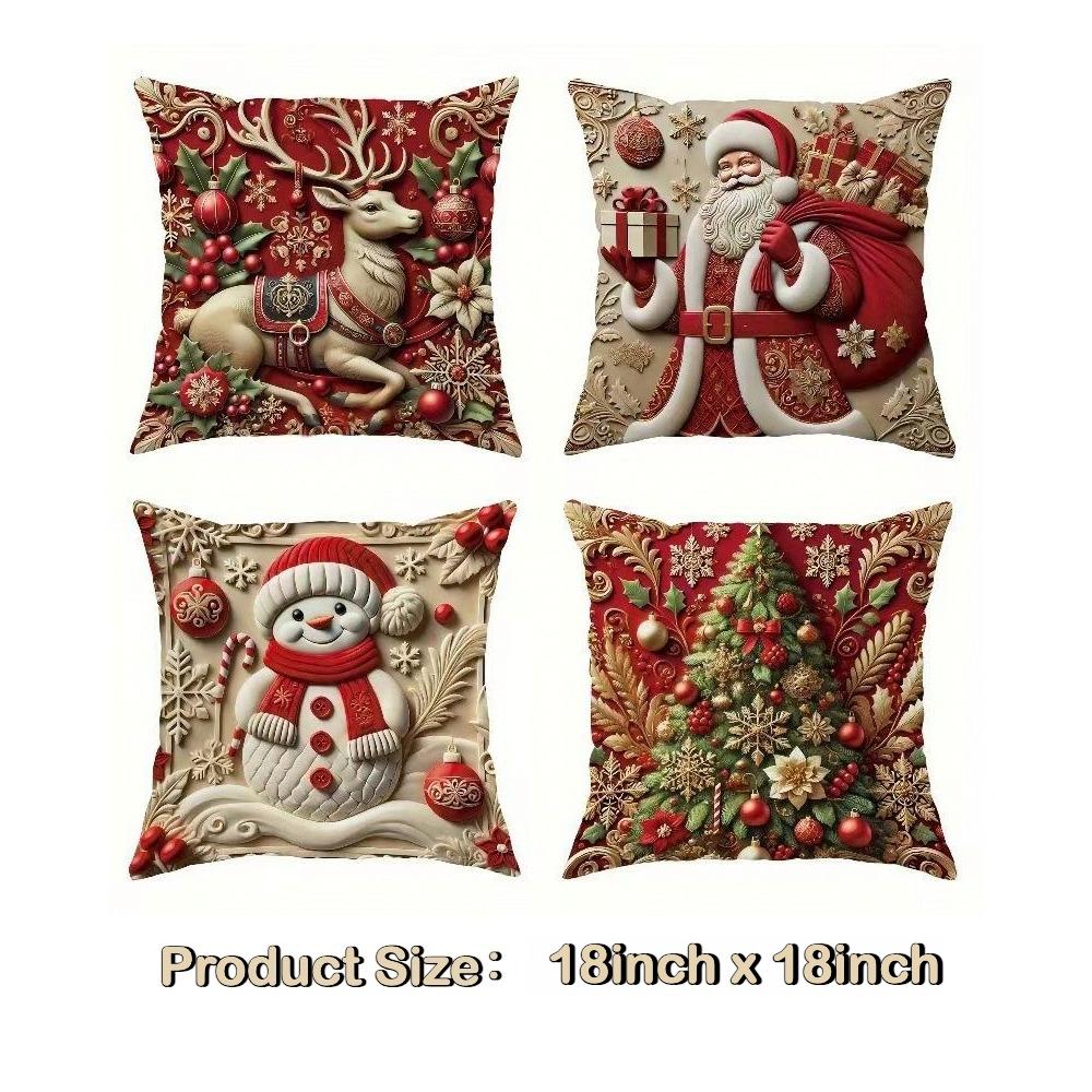 Luxury Christmas Pillow Covers 4pcs Santa Reindeer Snowman Floral Tree Red Gold Polyester 2D Print No Insert Festive Home Decor Living Room Holiday Accessories Sofa Cushion Cover