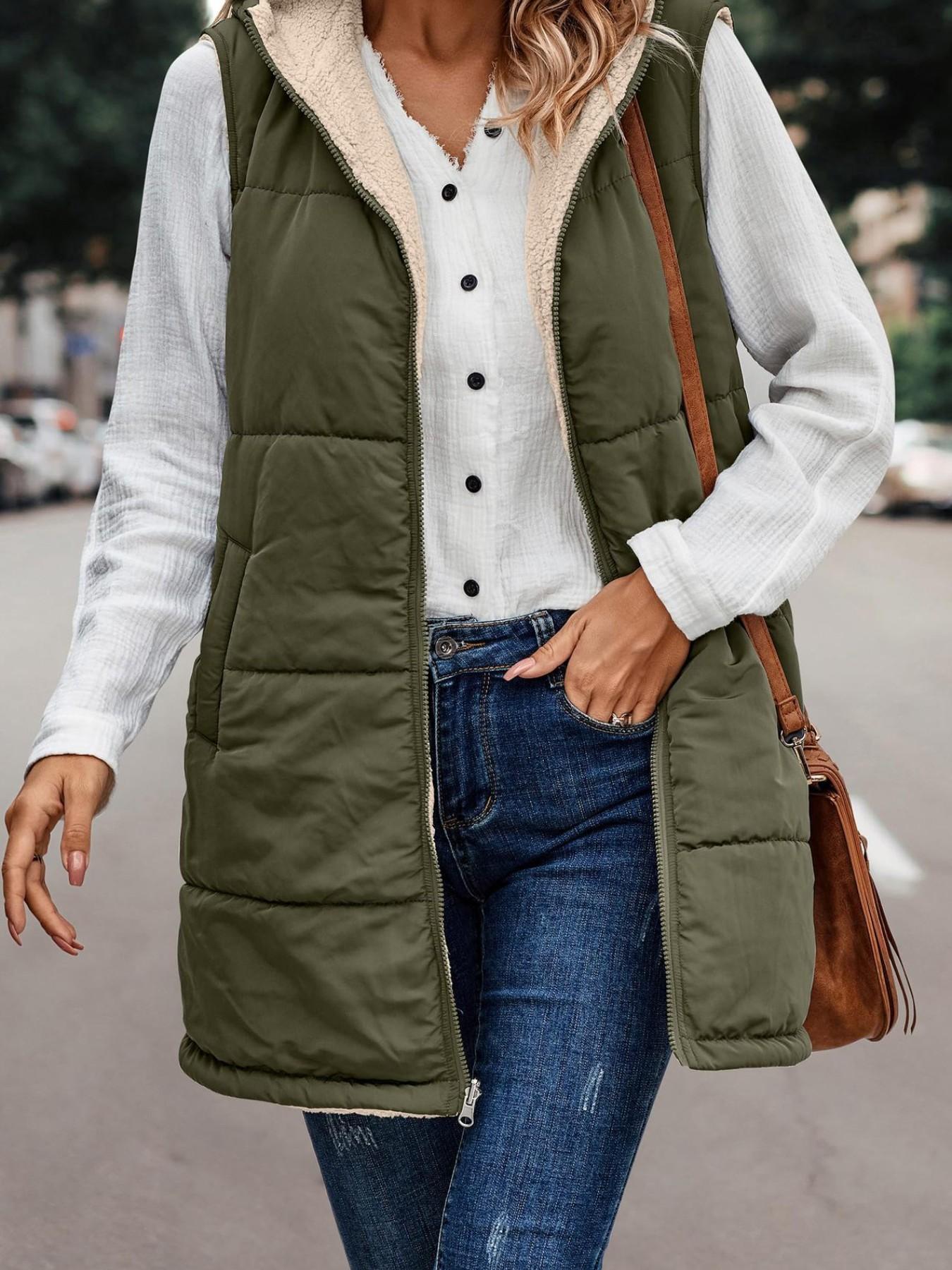 Women's Warm Reversible Sleeveless Fleece Jacket, Zipper Vest, Long Coat with Zipper Closure, Pocket and Hooded Casual Outerwear, Cozy Winter Fashion