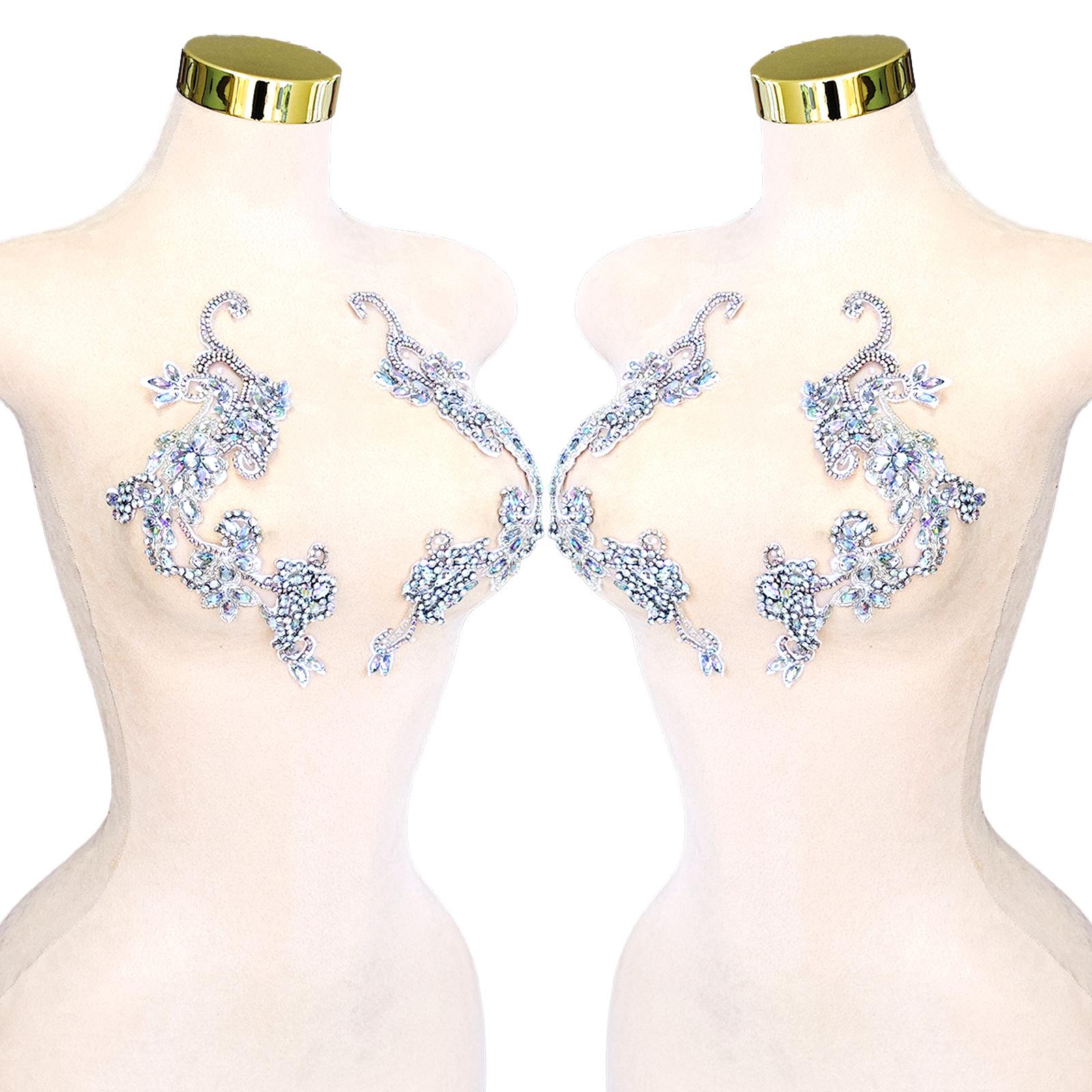 Handmade Pink Crystal Beaded Applique Floral Rhinestone Patch Pair for Dress Decoration Bridal Gowns DIY Embellishment