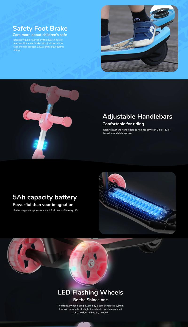 【Christmas Gifts】Electric Scooter for Kids, Bluetooth Control Light Up 3-Wheels Kick Scooter for Age 3-12 Stability Fun Ride Adjustable Safety
