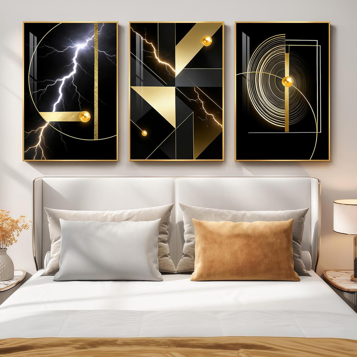 3 Counts Aluminum Alloy Framed Painting, Abstract Golden Geometric Lightning Art Pictures, Home Decoration For Living Room, Bedroom, Office, Restaurant, Hallway Wall Decor, Odorless Print Artwork, Luxury Perfect Gift For Friends And Family
