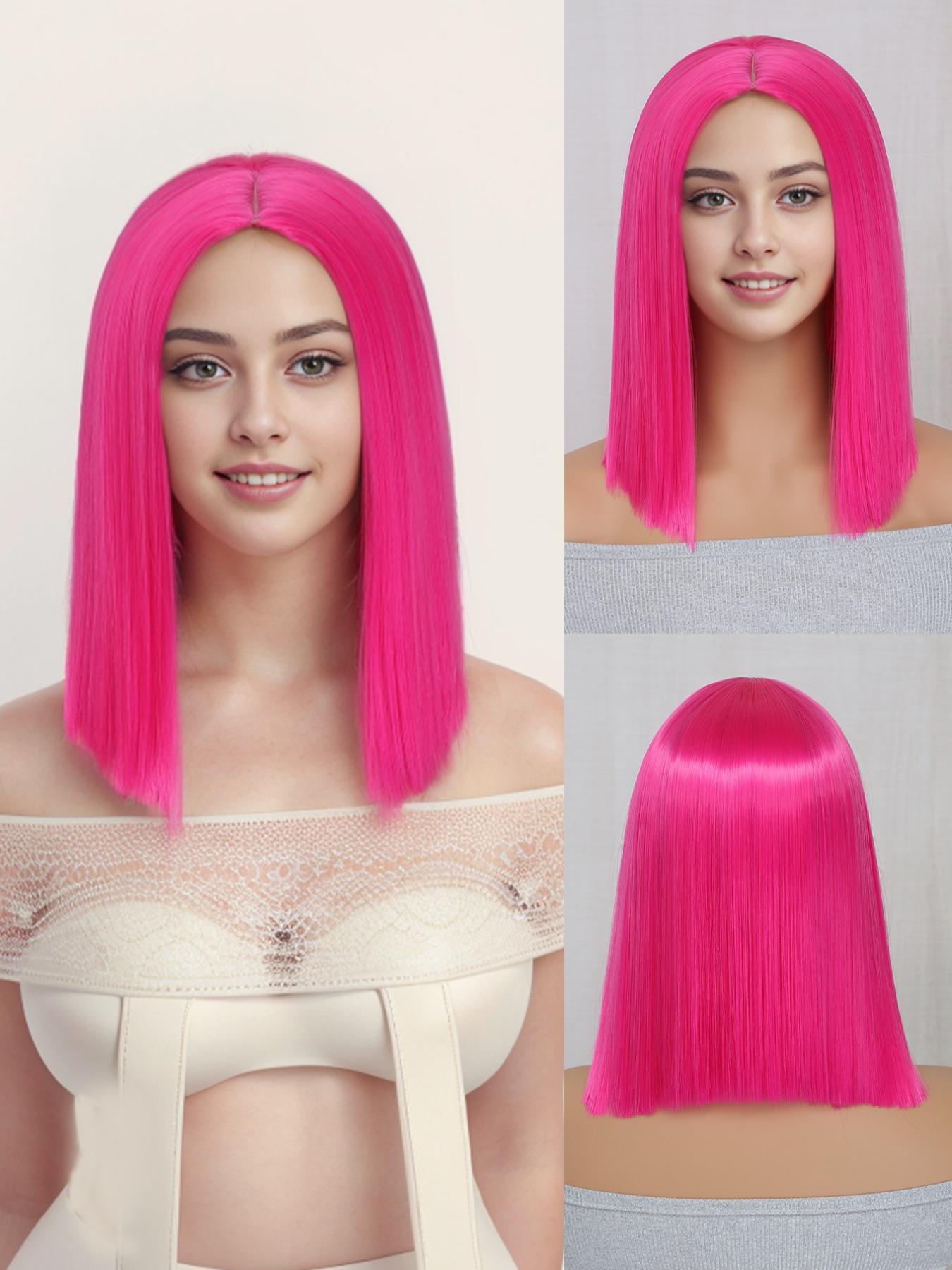 Cosplay Wig Hot pink Green Pink Black 12inch  Synthetic Hair Wig high temperature short Hair for women Middle part straight hair wig holiday Daily Fashion Style Synthetic Hair wig Woven hair wig for Halloween and Christmas