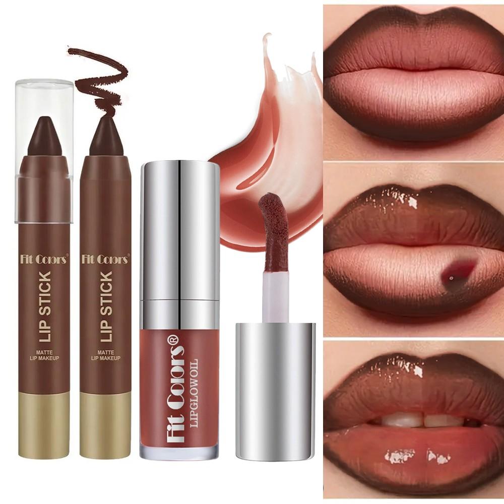 Fit Colors Matte Lip Liner Lip Bullet and Moisturizing Pearl Lip Oil Set Lip Combo, Natural Nude Glossy Lip Makeup, Long-Lasting Hydration Gift