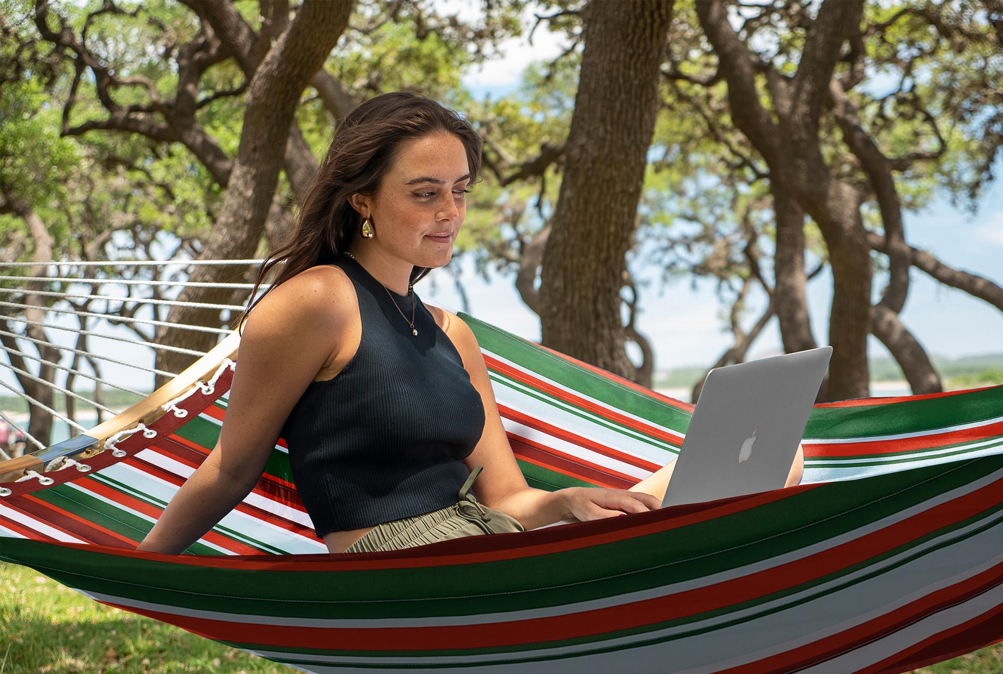 SUPERJARE Hammock with Stand, 2 Person Heavy Duty Hammock with Padded Cotton, Detachable Pillow & Strong Curved-Bar & Portable Carrying Bag, Perfect for Outdoor & Indoor