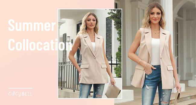 Cicy Bell Women's Sleeveless Blazer Vest Casual Open Front Single Button Summer Jacket with Pockets