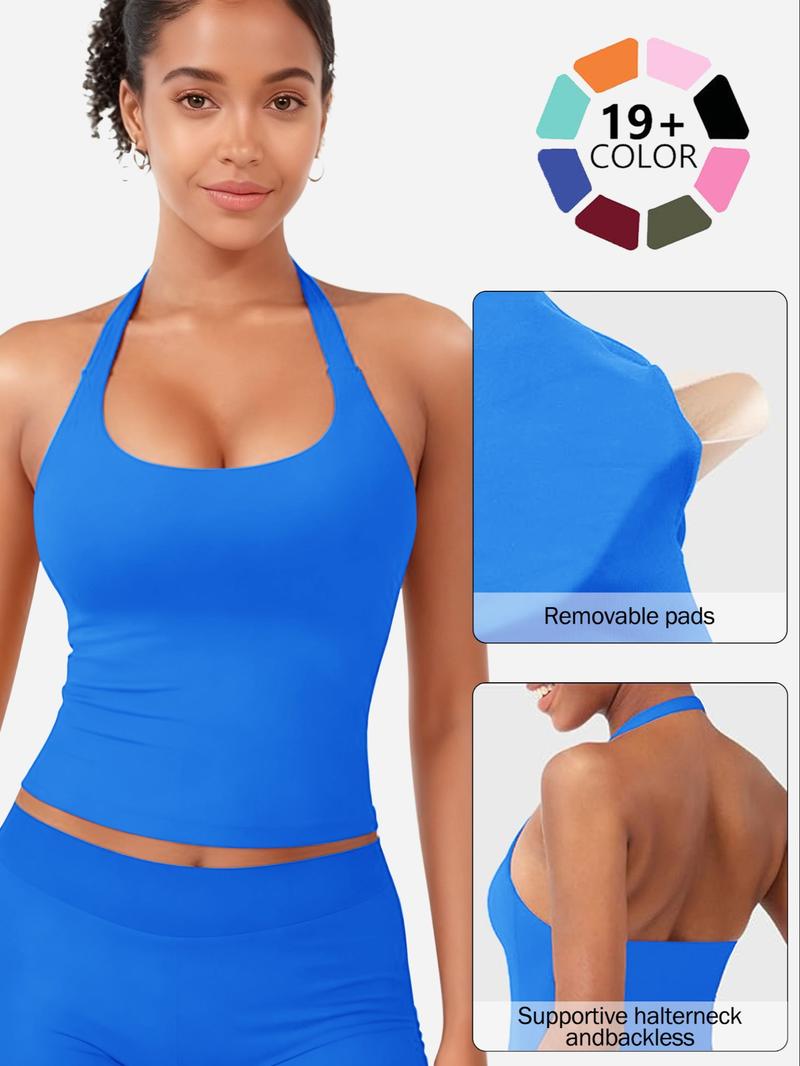 Women's Solid Removable Chest Pad Sports Tank Top, Casual Comfort and Durability Halter Neck Sports Top for Yoga Gym Workout, Ladies Sportswear for All Seasons, Backless Sports Vest