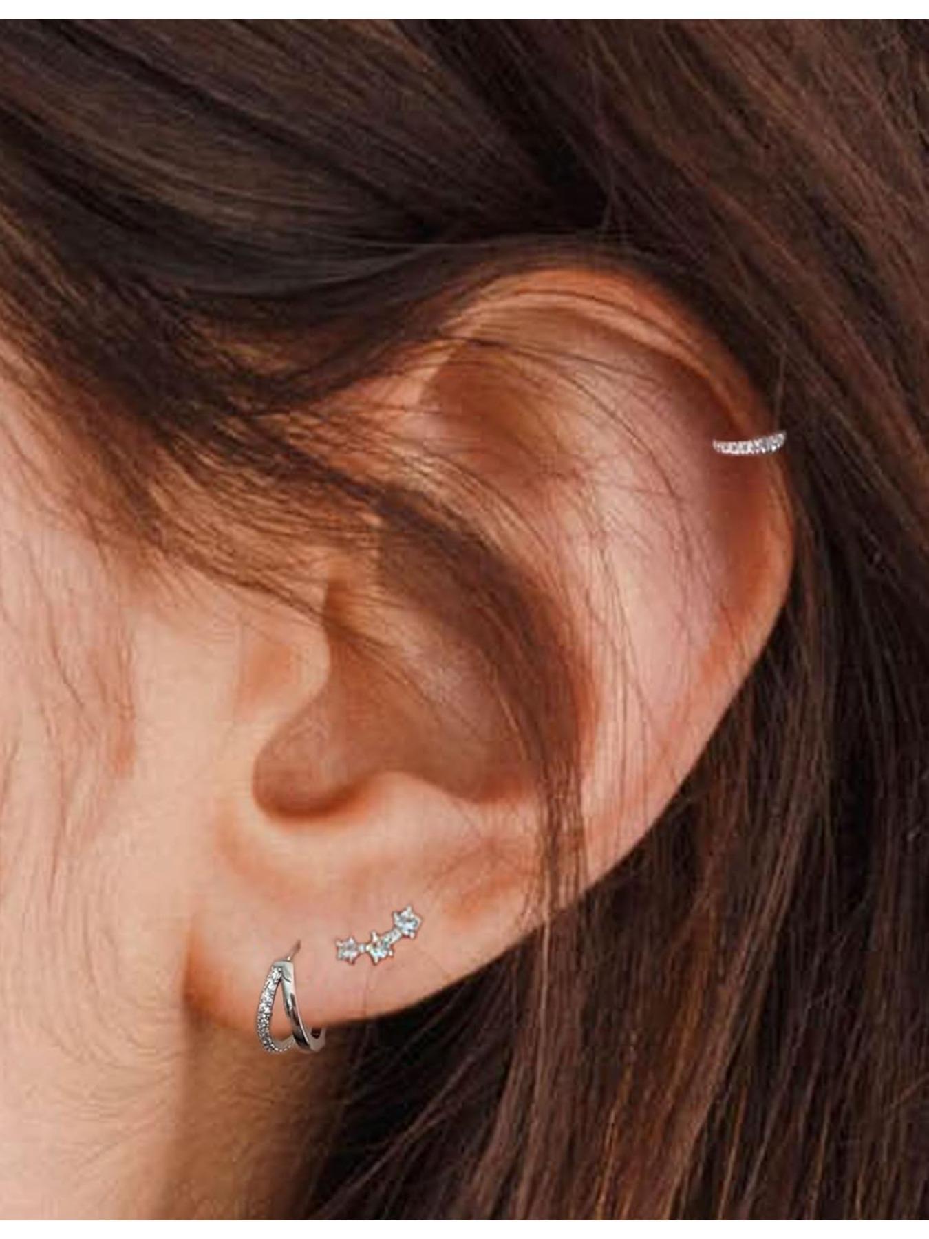 8 Pairs 18K Gold Plated Small Hoop Earring CZ Cartilage Stud Earring for Women Long Chain Drop Dangle Stack Earrings for Multiple Piercings Gold Silver Tone