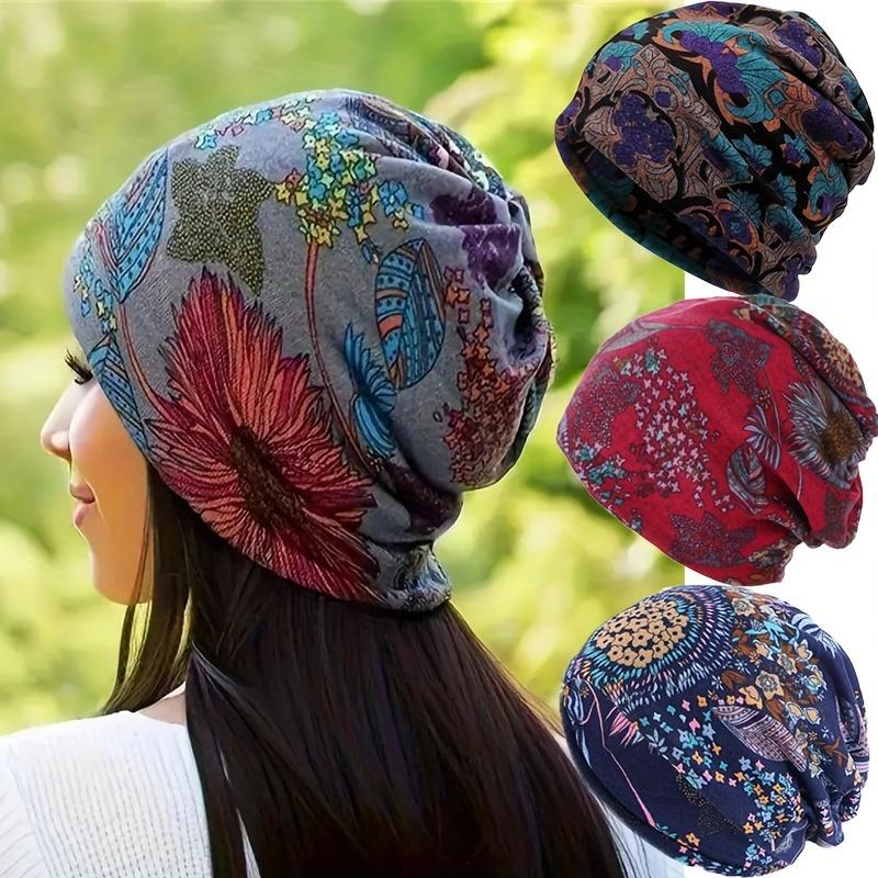 Women's 4-Piece Decorative Knit Fabric Head Covering Hats Set - Bohemian Floral Printed, Brimless, Elastic, Lightweight Multifunctional Fall Winter Warm Headscarf Neck Cover for Chemotherapy Patients