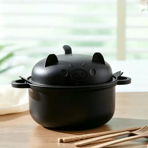 Black Round Ramen & Salad Bowl Set (45oz/1300ml) - Microwave-Safe Kitchen Tableware with Strainer Lid, Handle, Spoon, Fork, Chopsticks, Pig Motif Ramen Cooker for College, Office Use, Mother's Day Gifts
