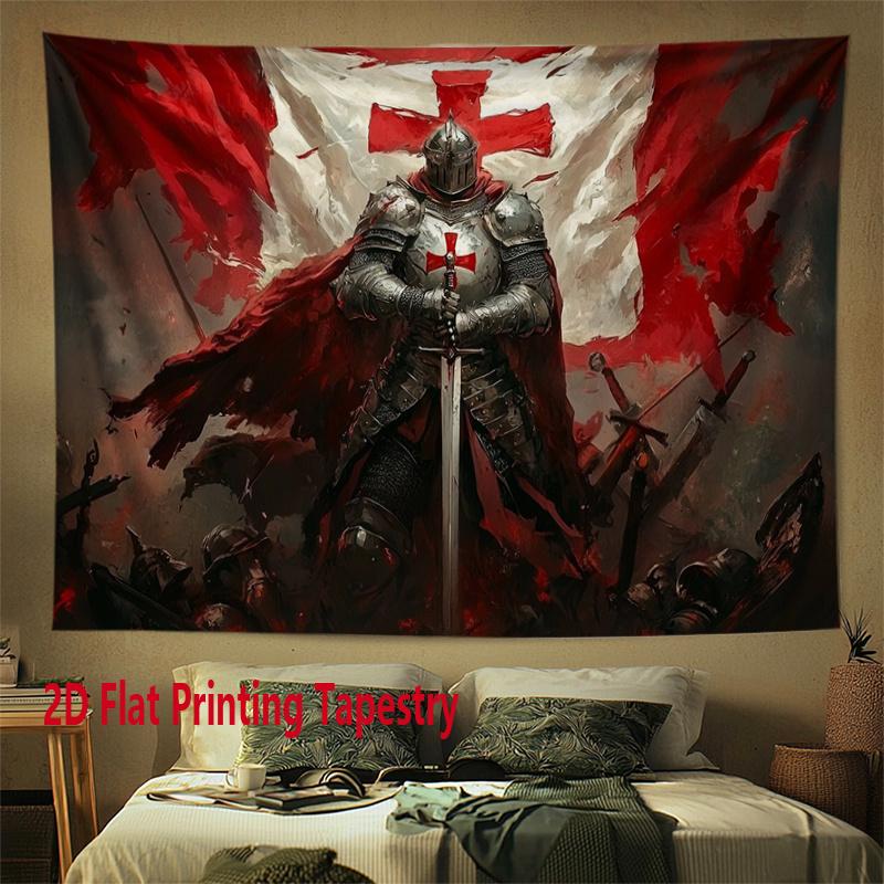 A 2D printed tapestry that is perfect for holiday party decoration. This polyester background fabric showcases medieval knight designs and Crusader patterns, suitable for hanging in various spaces such as homes.