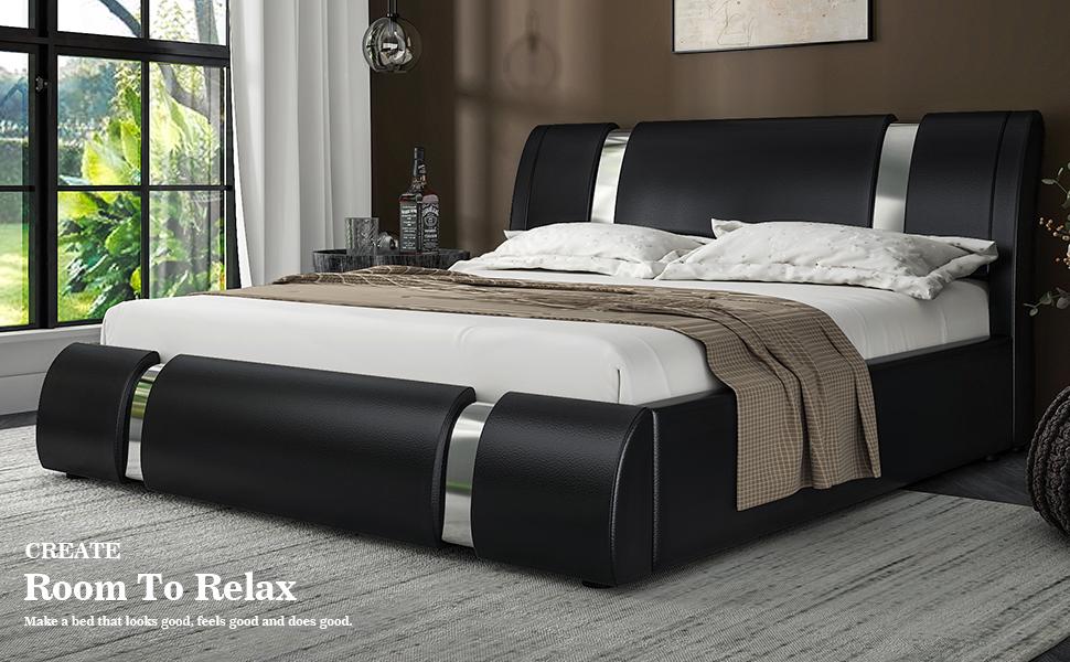 Allewie Queen/king Size Platform Bed Frame with Iron Piece Decor, 【Frame Only No Mattress】Faux Leather Upholstered Bed with Curved Adjustable Headboard, Wooden Slats Support, No Box Spring Needed, Modern Style, White/Black,#TikTokShopBacktoSchool