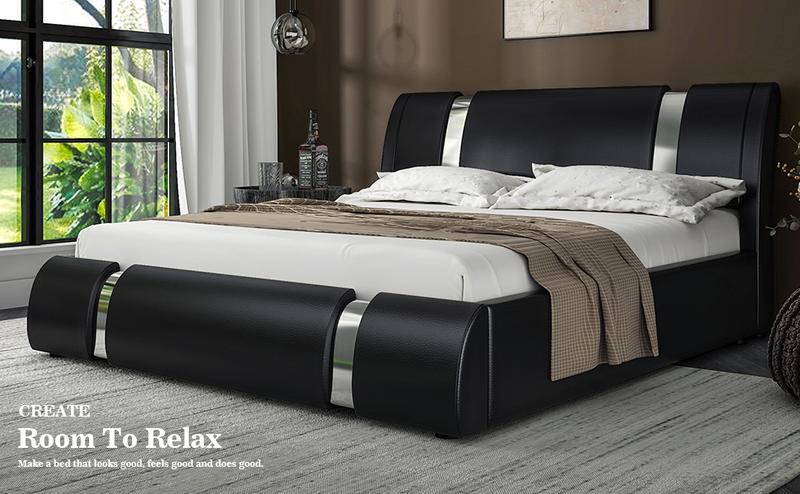 Allewie Queen/king Size Platform Bed Frame with Iron Piece Decor, 【Frame Only No Mattress】Faux Leather Upholstered Bed with Curved Adjustable Headboard, Wooden Slats Support, No Box Spring Needed, Modern Style, White/Black,#TikTokShopBacktoSchool