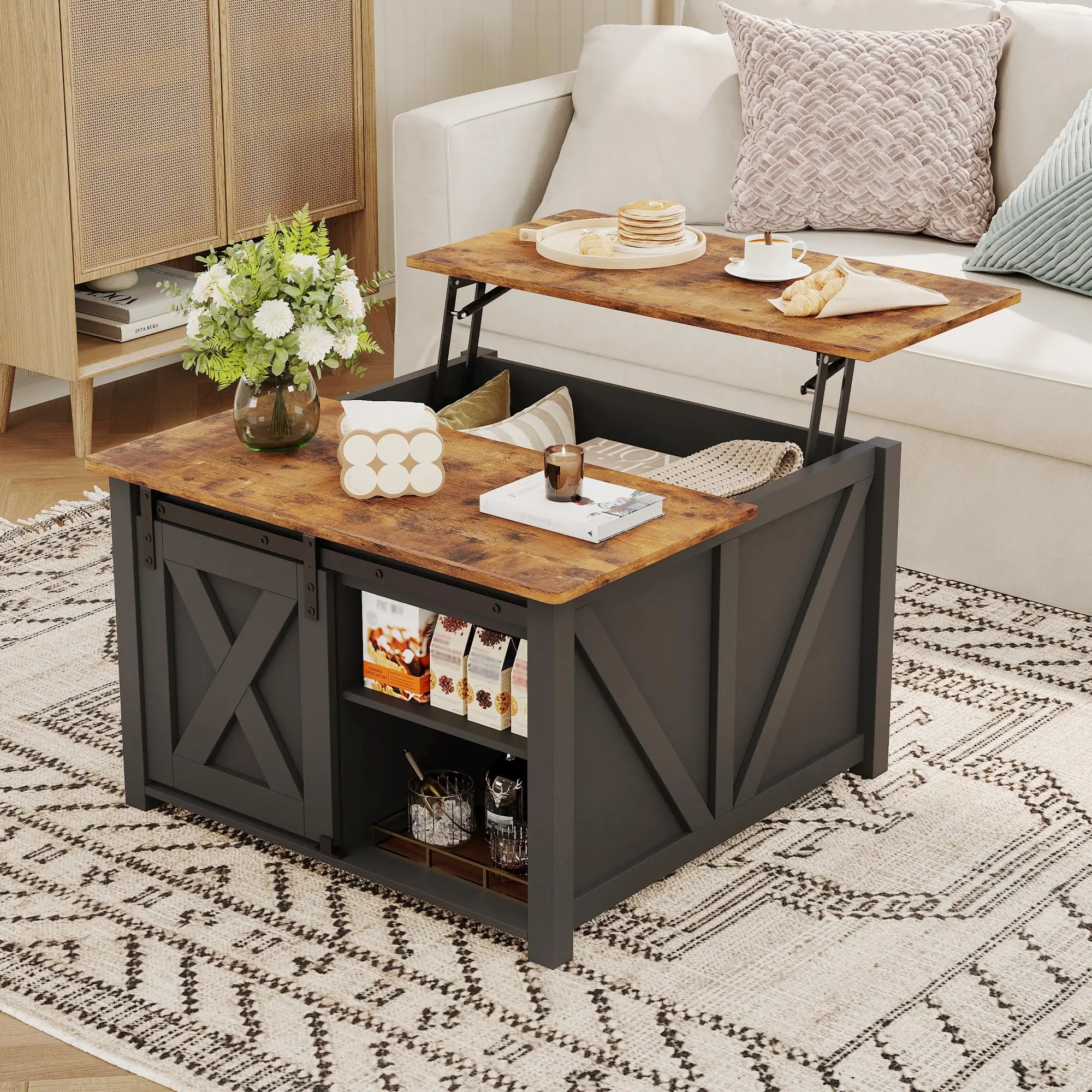 Garvee Convertible Height Adjustable Lift Top Coffee Table - 31.5 in Square Rustic Look Indoor Table, Hidden Compartment, Open Shelves, Space-Saving for Living Room