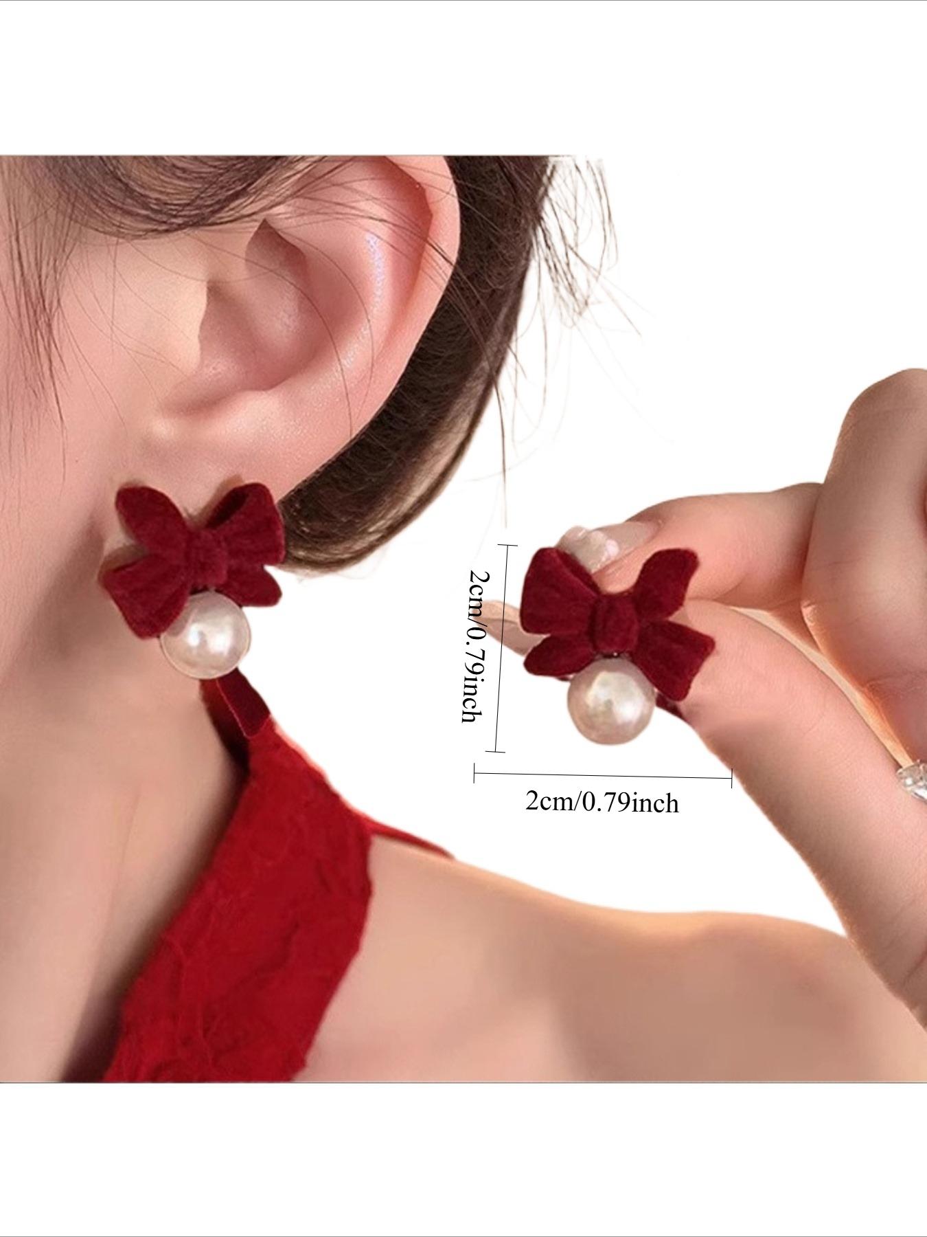 Red velvet pearl bow stud earrings